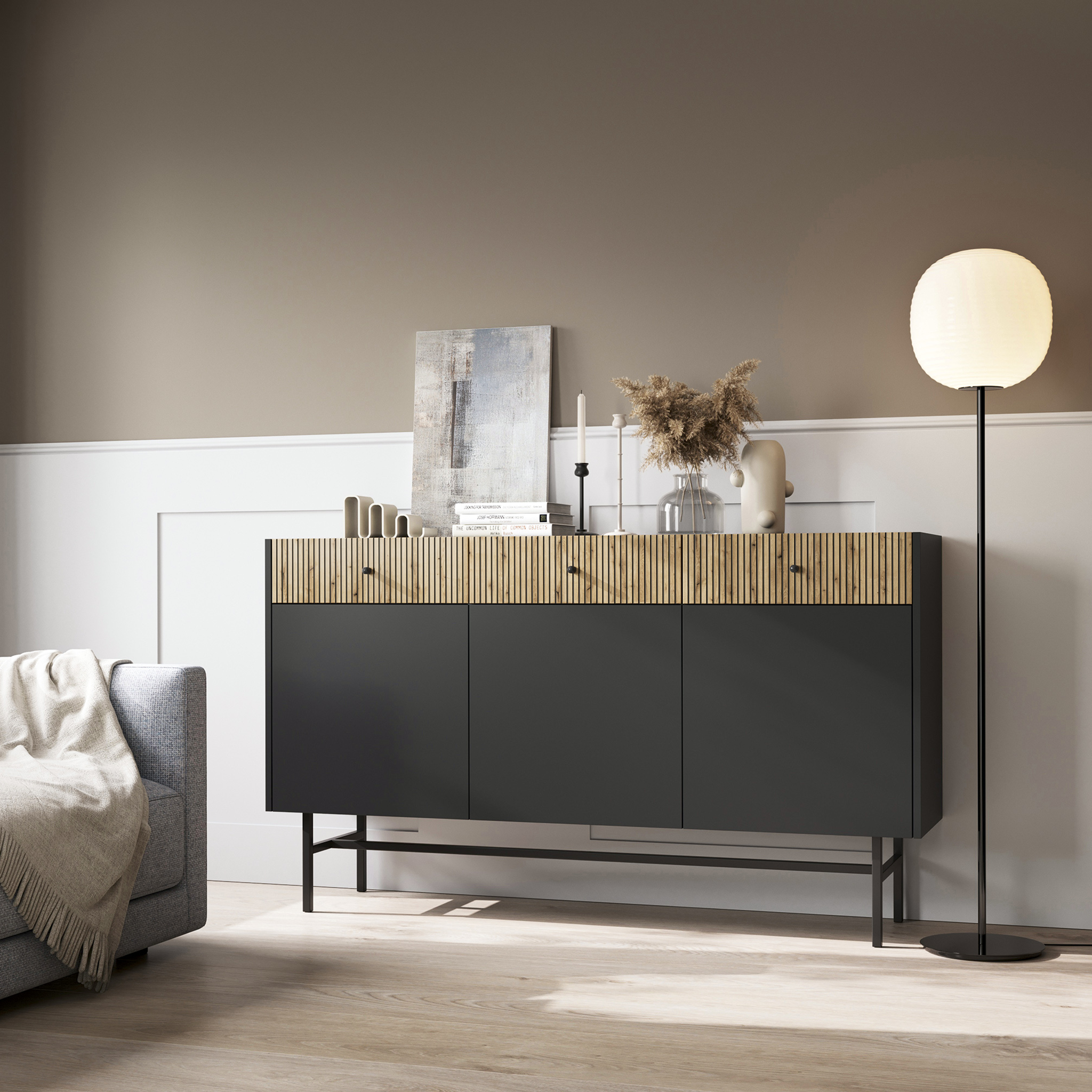 Diva Czarna + Dąb Evoke Komoda 3d3s